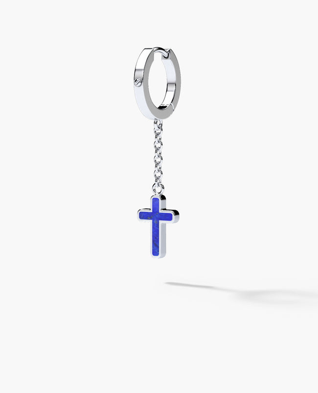 DANGLE CROSS Hoop Gold Earring on the chain with Lapis