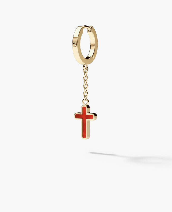 DANGLE CROSS Hoop Gold Earring on the chain with Carnelian