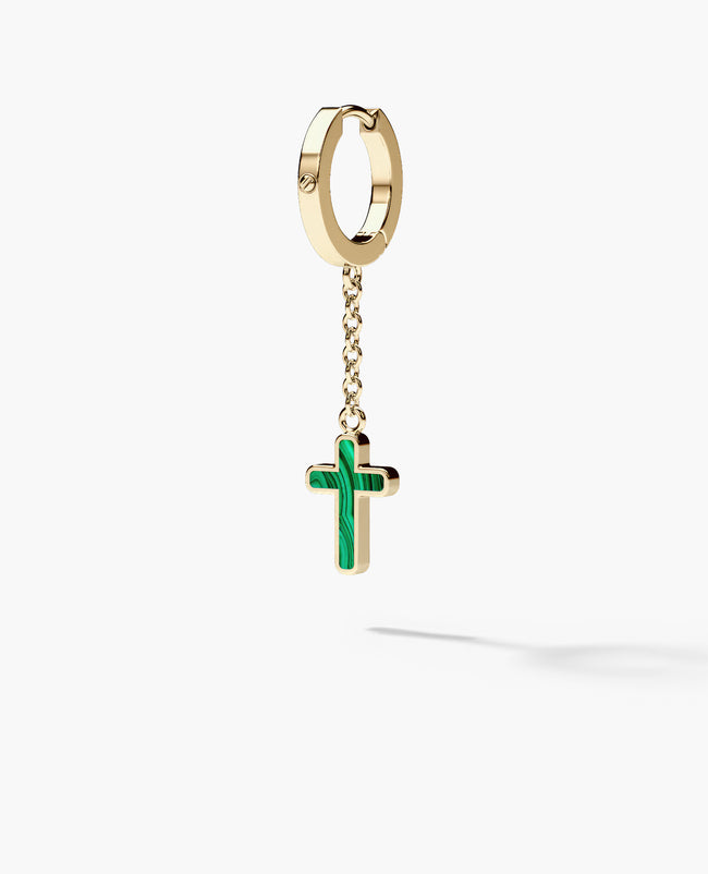 DANGLE CROSS Hoop Gold Earring on the chain with Malachite