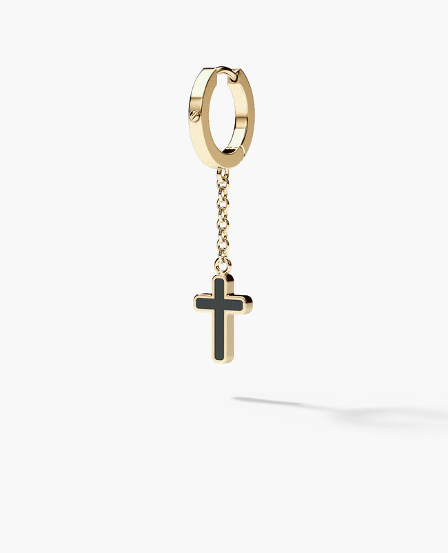 DANGLE CROSS Hoop Gold Earring on the chain with Black Onyx