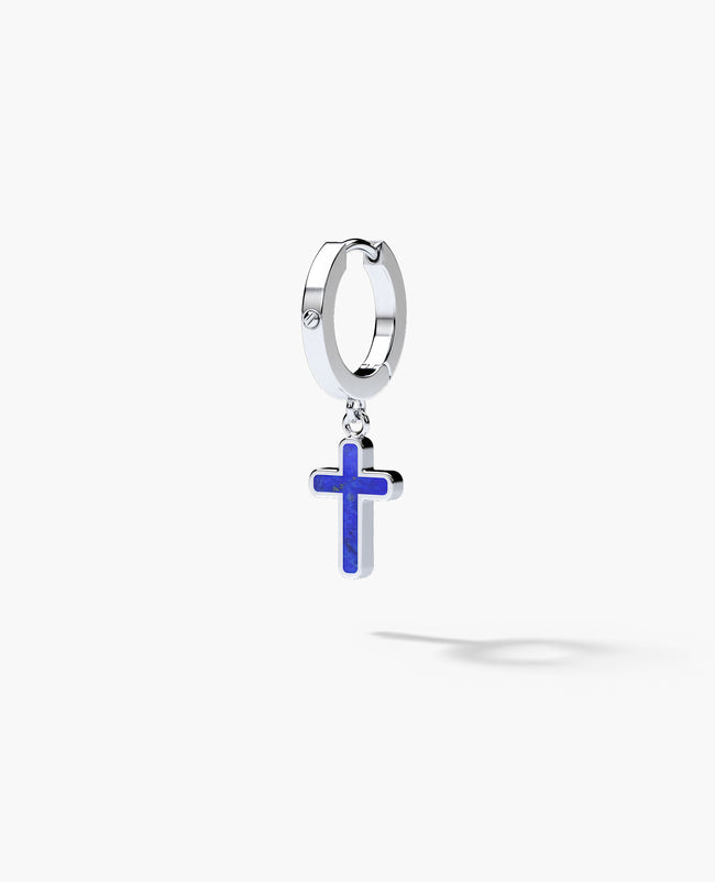 DANGLE CROSS Hoop Gold Earring with Lapis