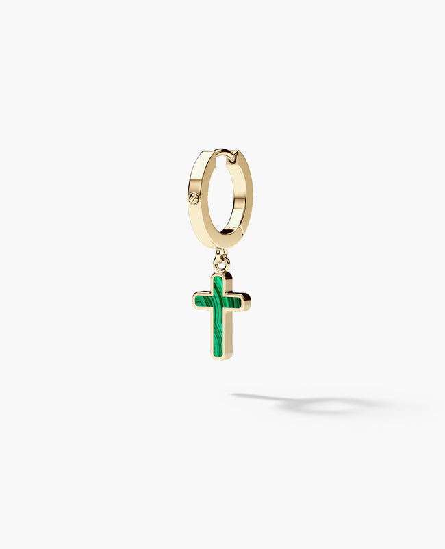 DANGLE CROSS Hoop Gold Earring with Malachite