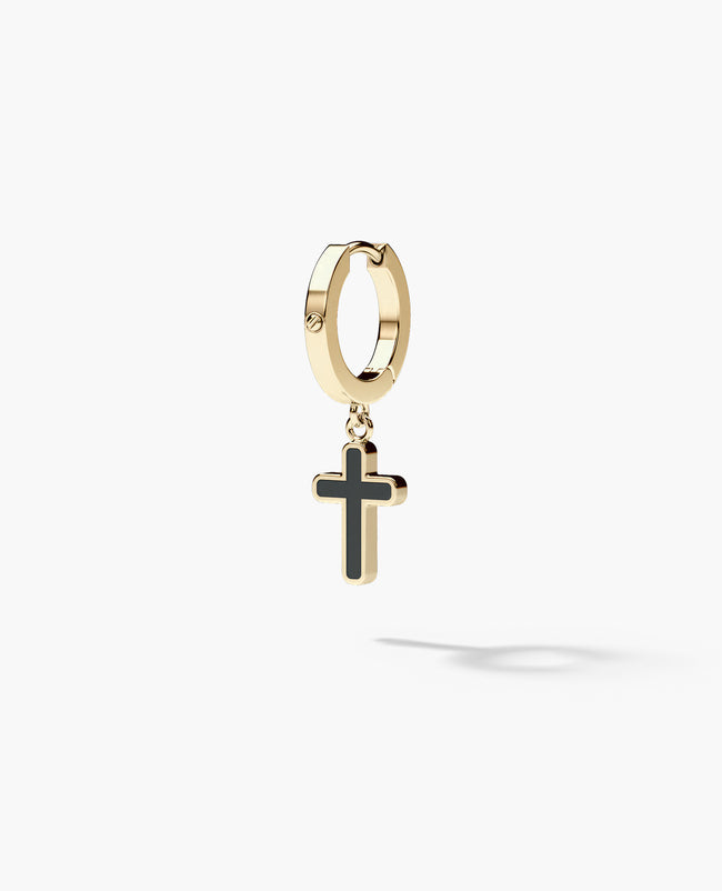 DANGLE CROSS Hoop Gold Earring with Black Onyx