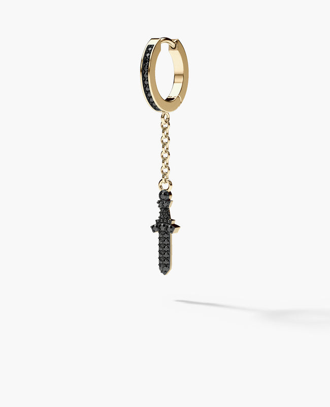 DANGLE Dagger Hoop Gold Earring on the chain with 0.20ct Black Diamonds