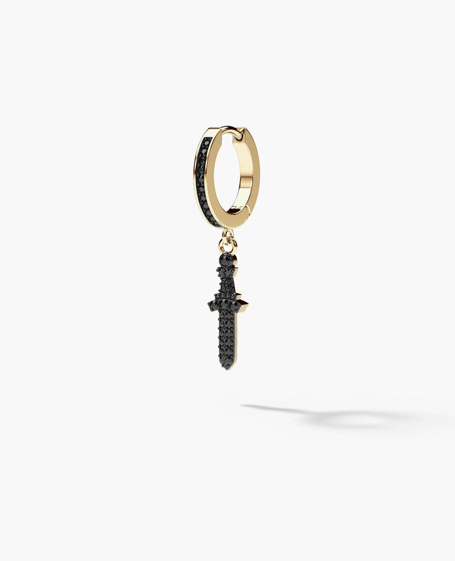 Ready to Ship - DANGLE Dagger Hoop 14k Yellow Gold Earring with 0.20ct Black Diamonds