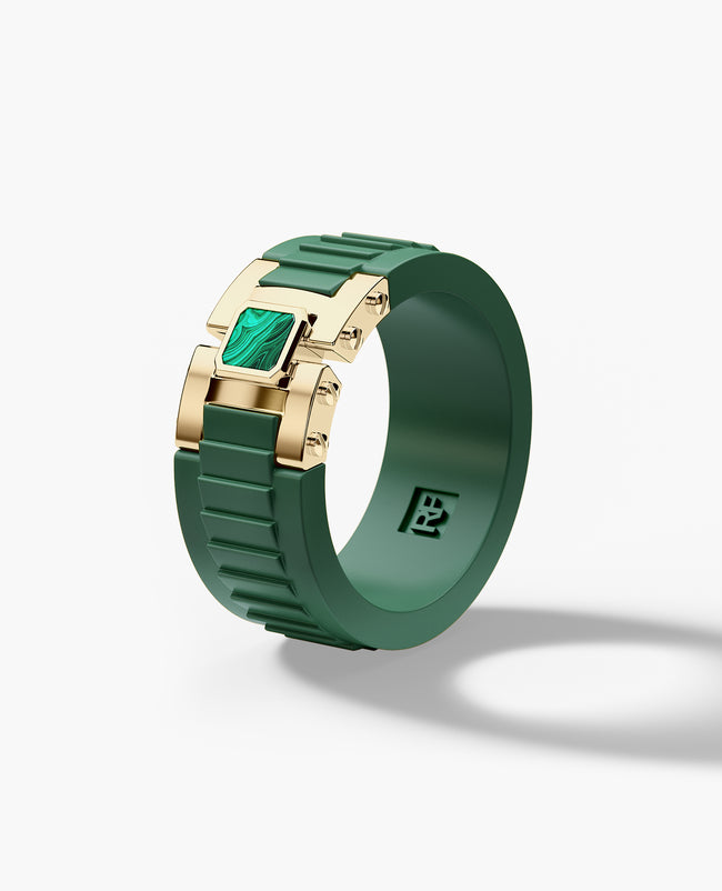 Ready to Ship - LA PAZ Atomic Silicone & 14k Yellow Gold Ring with Malachite